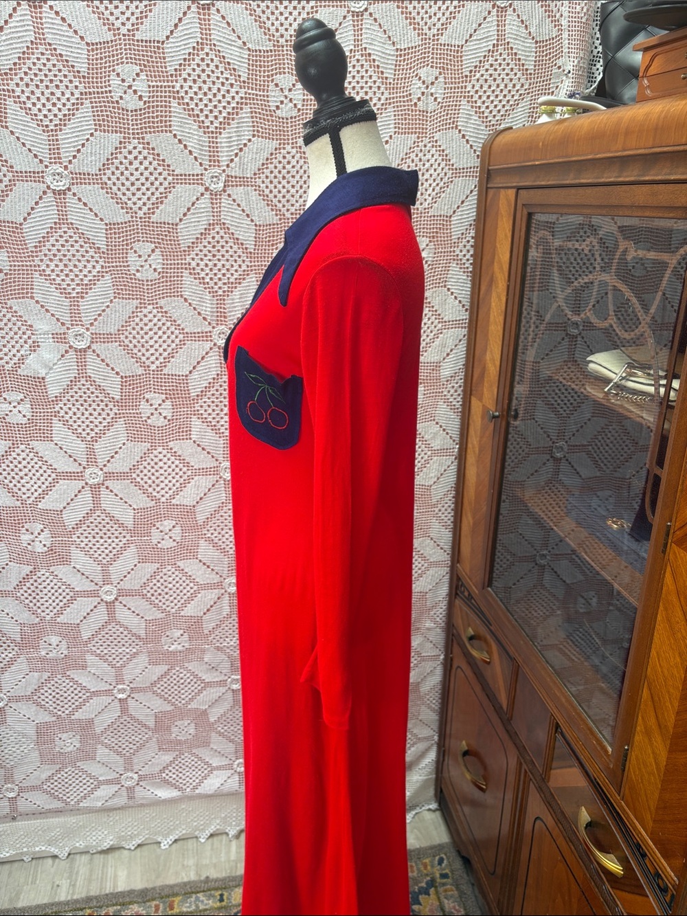 Women's Red Maxi Dress with Navy Collar - Picture 7 of 11